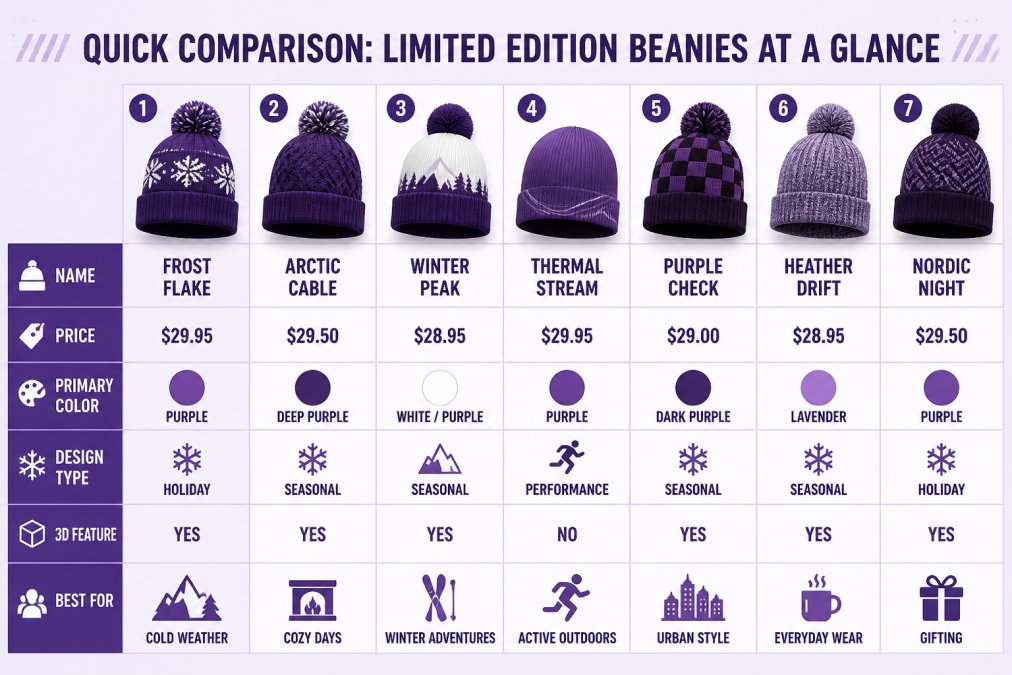 Comparison matrix showing all 7 beanies with columns: Name, Price, Primary Color, Design Type (Holiday/Performance/Seasonal), 3D Feature (Yes/No), Best For category, with specific prices ($28.95-$29.95) and design details