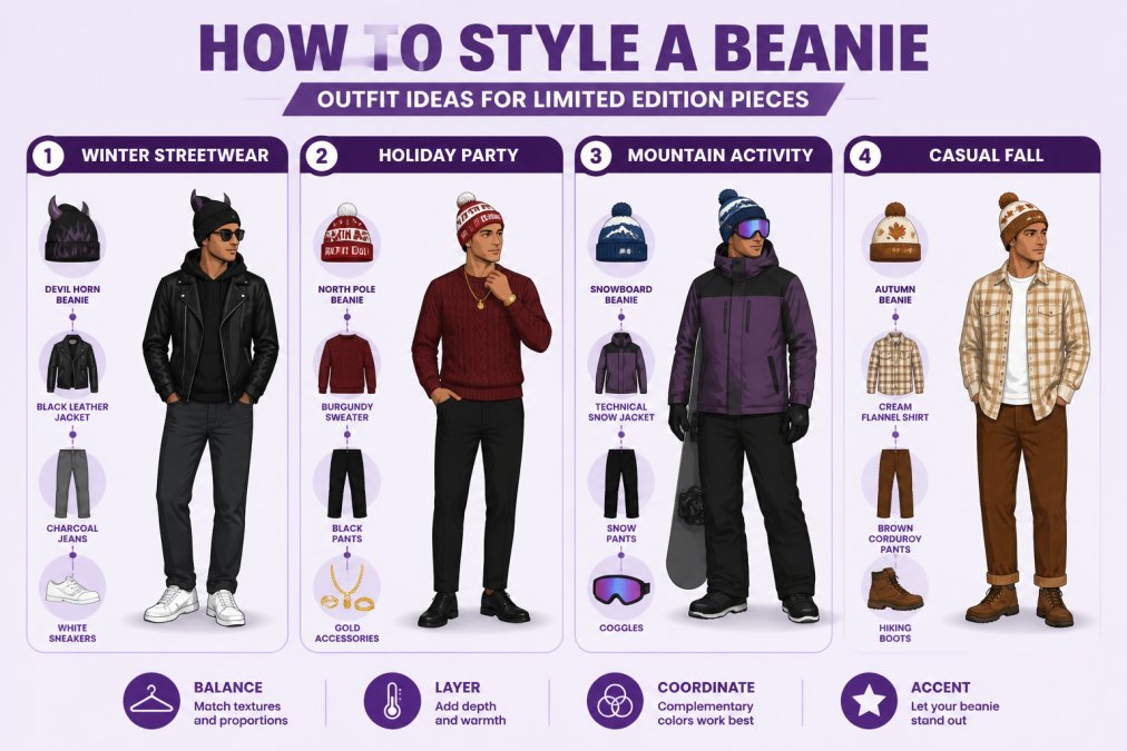 Visual styling guide showing 4 outfit combinations with specific details: Winter Streetwear (Devil Horn beanie with black leather jacket, charcoal jeans, white sneakers), Holiday Party (North Pole beanie with burgundy sweater, black pants, gold accessories), Mountain Activity (Snowboard beanie with technical snow jacket, snow pants, goggles), Casual Fall (Autumn beanie with cream flannel shirt, brown corduroy pants, hiking boots)