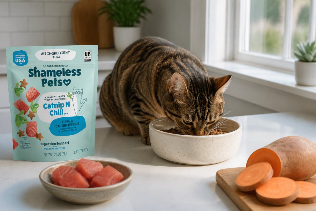 Cat eating from a ceramic food bowl on a clean kitchen counter, with fresh salmon fillet and sweet potato visible nearby, natural daylight streaming through a window