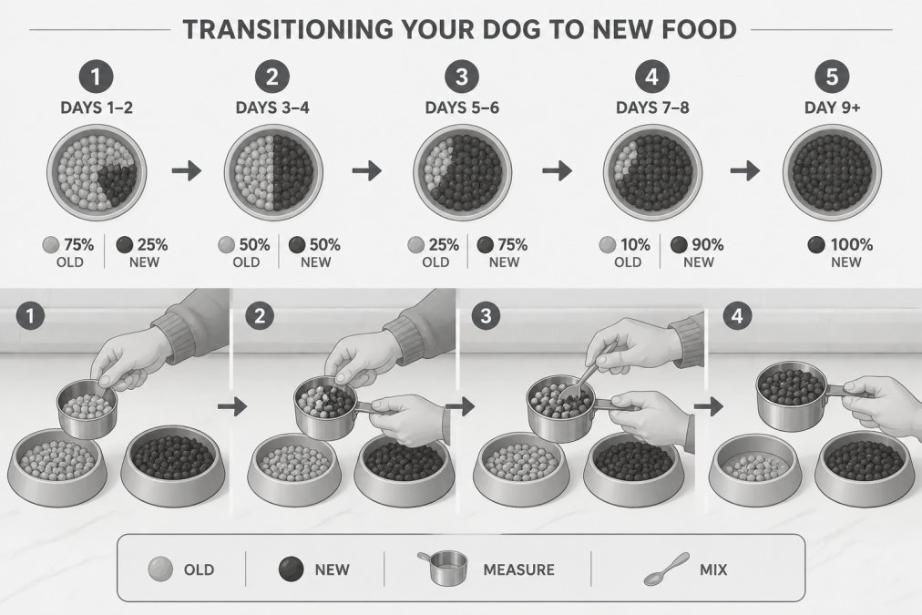 Dog owner's hands mixing two bowls of dog food together in a stainless steel measuring cup, showing the gradual blending process on a kitchen counter with natural daylight