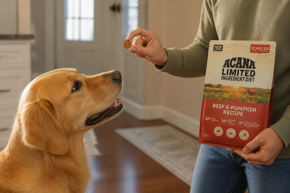 Dog owner's hands offering a single Farm to Pet treat chip to an eager golden retriever, the treat clearly visible between the owner's fingers, warm indoor lighting