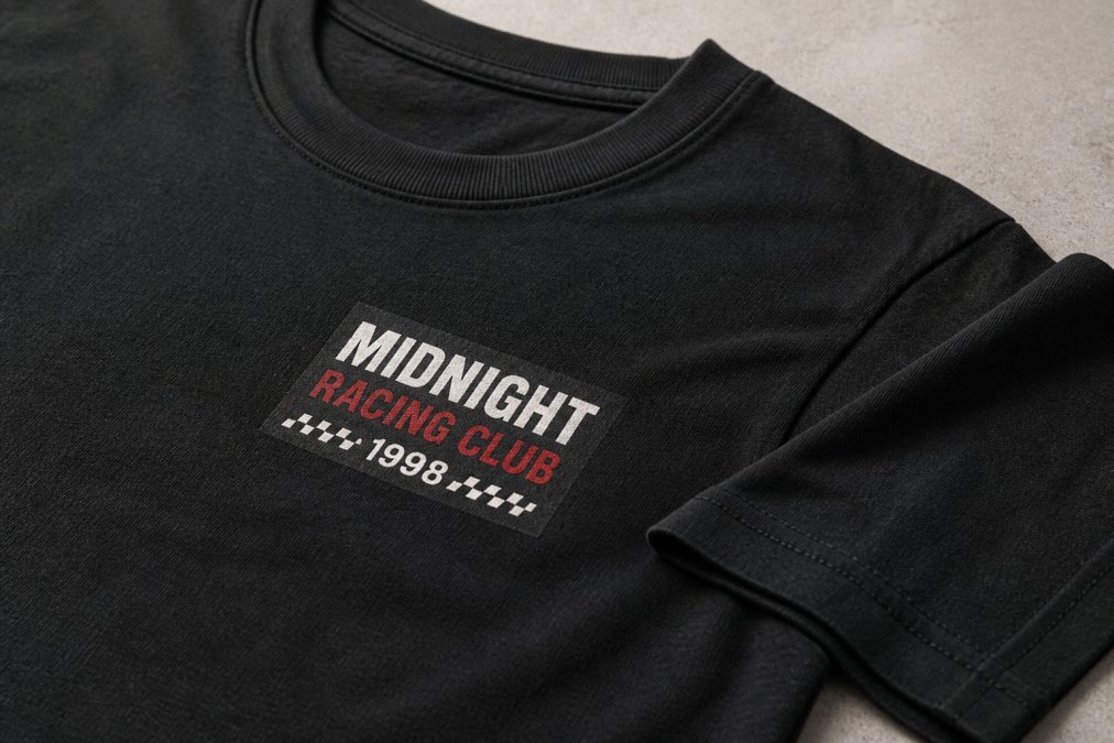Close-up of premium heavyweight graphic tee laid flat on surface, showing crisp DTG-printed graphic detail with vibrant colors, visible texture of the 7.5 oz fabric weave, and double-needle stitching on collar and sleeve hems