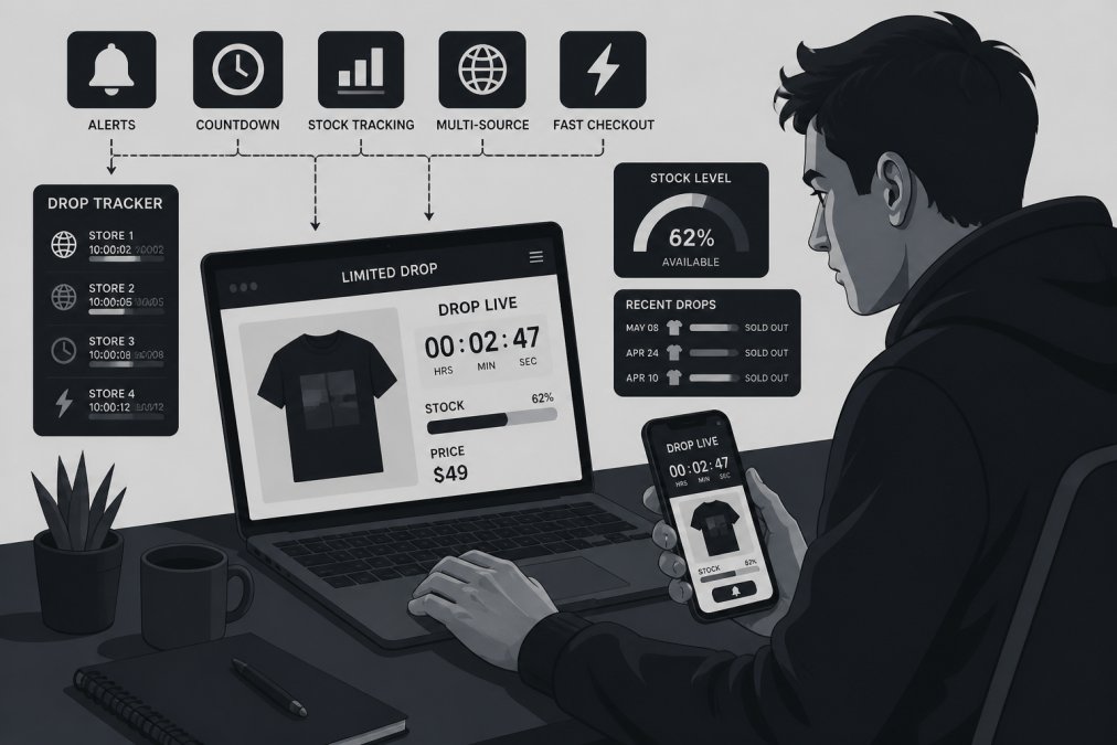Person actively monitoring multiple devices, phone and laptop side-by-side on desk, checking drop release pages with focused, engaged expression, showing real-time tracking during a limited-edition clothing release