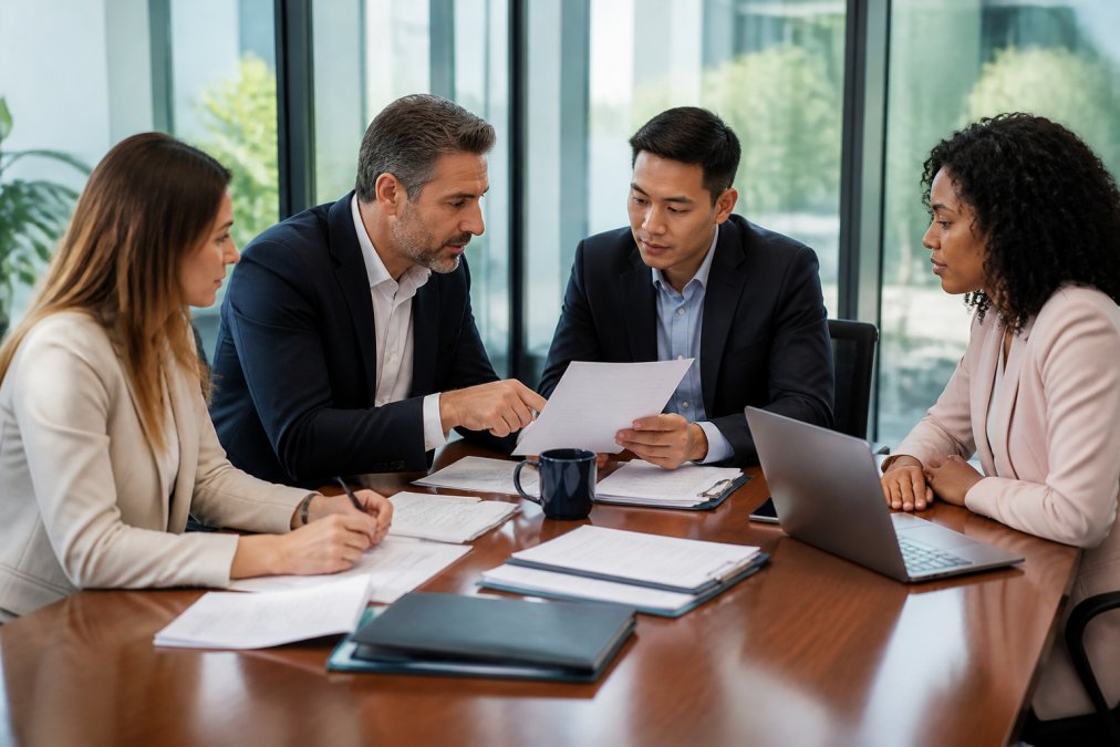 Business owners and consultants reviewing partnership documents and discussing business structure options at a conference table with laptops and legal documents
