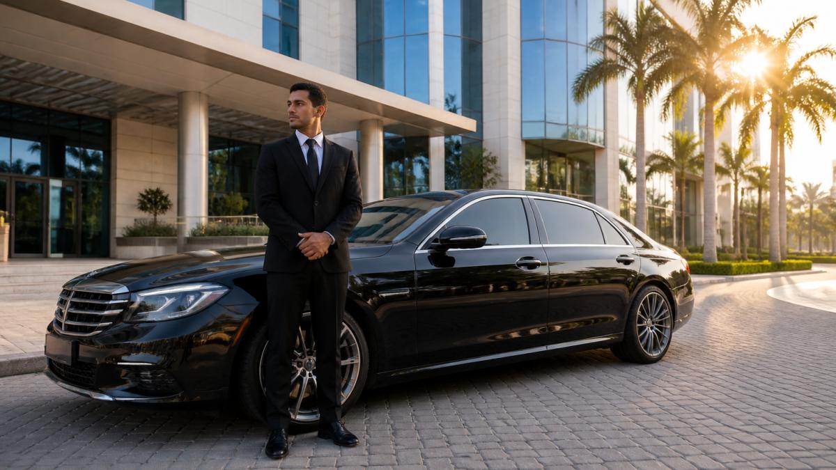 Professional chauffeur in dark suit standing beside a luxury black sedan in front of a modern office building with morning sunlight