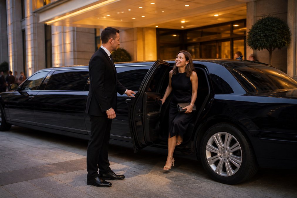 Chauffeur in suit opening the door of a black stretch limo for hire at a premium hotel at dusk