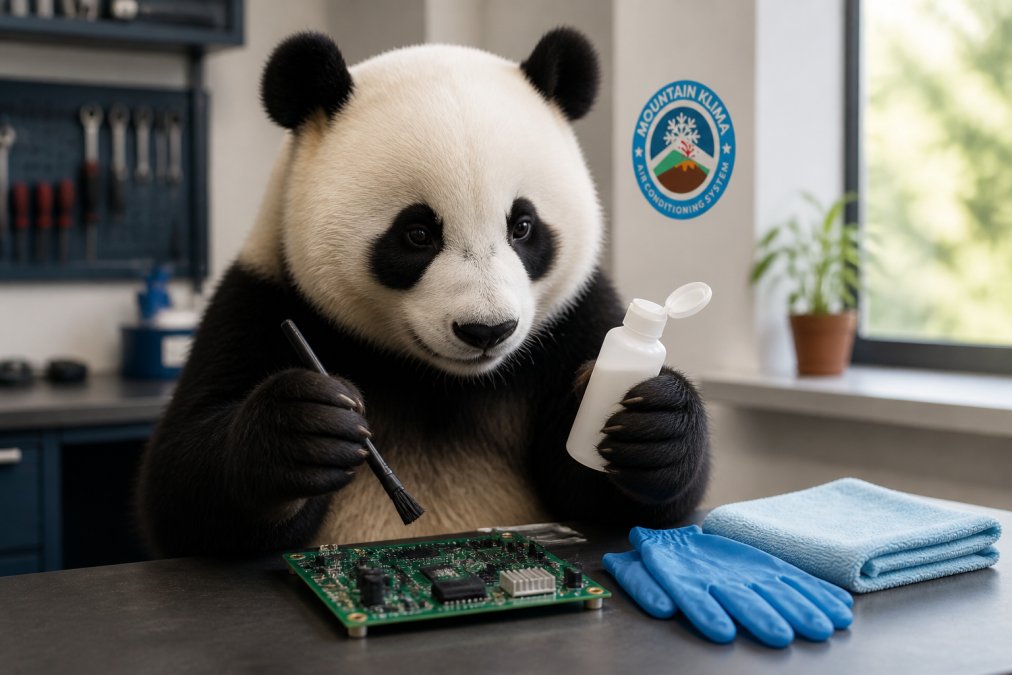 Un panda sosteniendo delicadamente un pincel antiestático y un frasco de limpiador de contactos residuo cero sobre una mesa de trabajo limpia, con guantes de nitrilo y un paño de microfibra organizados al lado