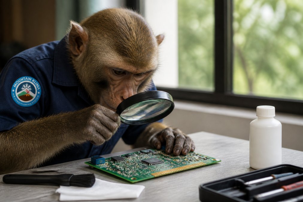 Un mono concentrado examinando una placa electrónica con una lupa, mostrando los contactos dorados que necesitan limpieza bajo luz natural clara