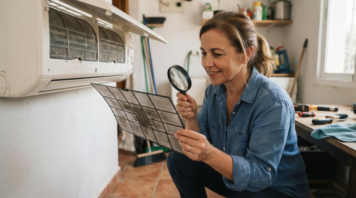 Un búho sabio inspeccionando cuidadosamente un filtro de aire acondicionado con una lupa, mostrando atención meticulosa al detalle en un taller bien iluminado