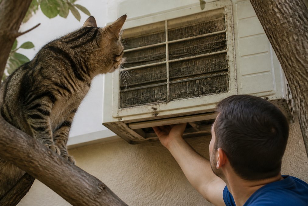 Gato observando una unidad de aire acondicionado split con polvo visible en las aletas y acumulación de suciedad, posado sobre una rama cerca de la unidad