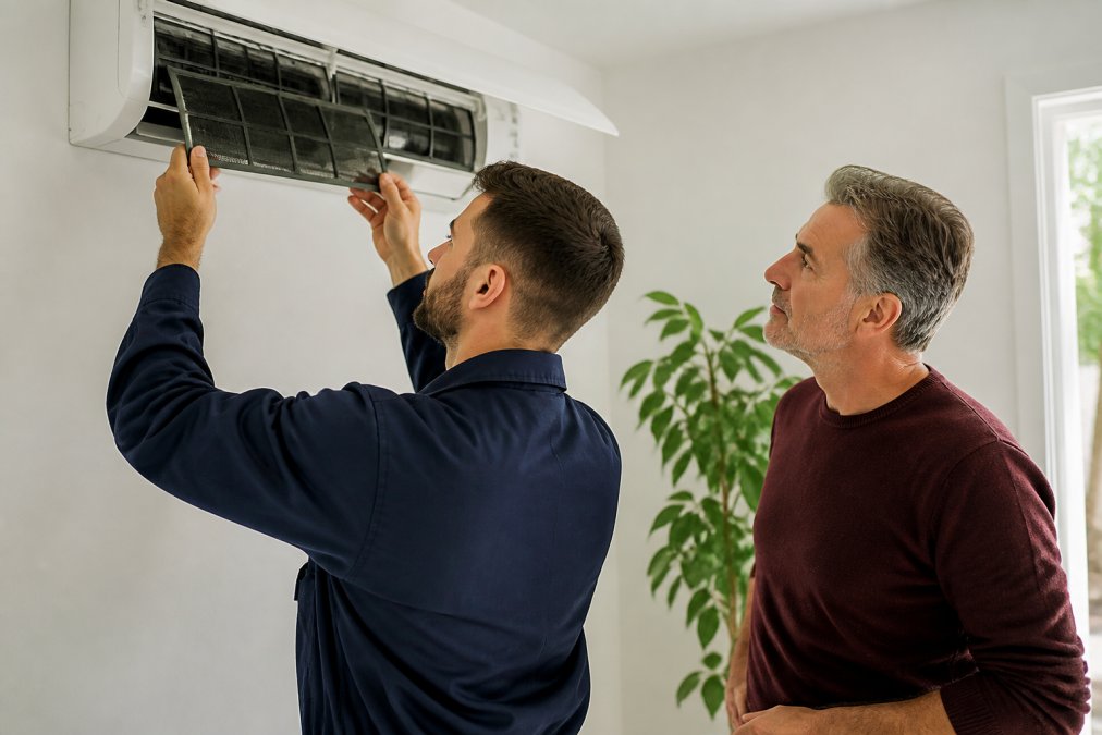 Pájaro posado sobre un termostato inteligente o medidor de energía digital, con indicadores de consumo eléctrico visible en la pantalla