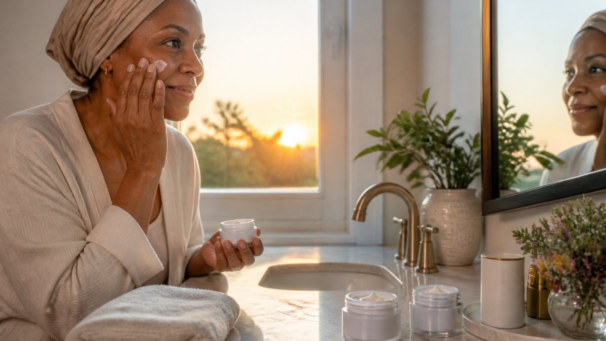 Day and night cream jars on a bathroom counter next to a folded towel in soft morning light