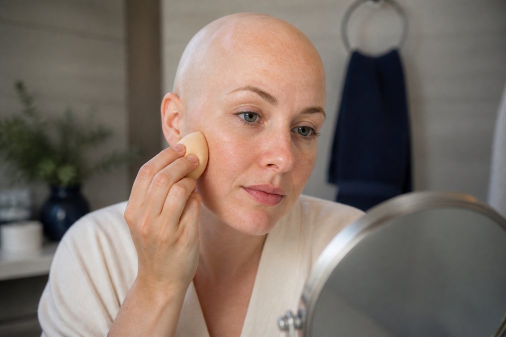 Woman with sensitive skin applying a hydrating foundation, a gentle lindiskin alternative, with a makeup sponge