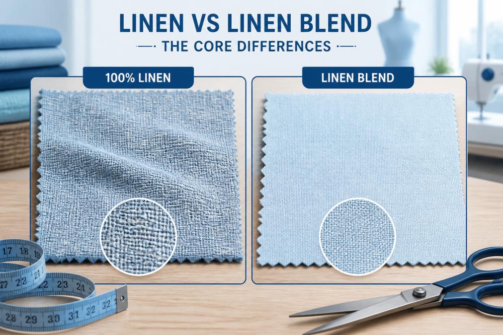 Comparison of 100% linen and linen blend fabric textures with sewing tools on a wooden table