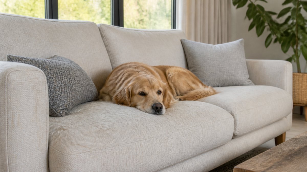 Modern living room with a linen sofa positioned near a large window, natural daylight streaming in, a golden retriever resting on the cushions, showing visible pet hair on the fabric's surface