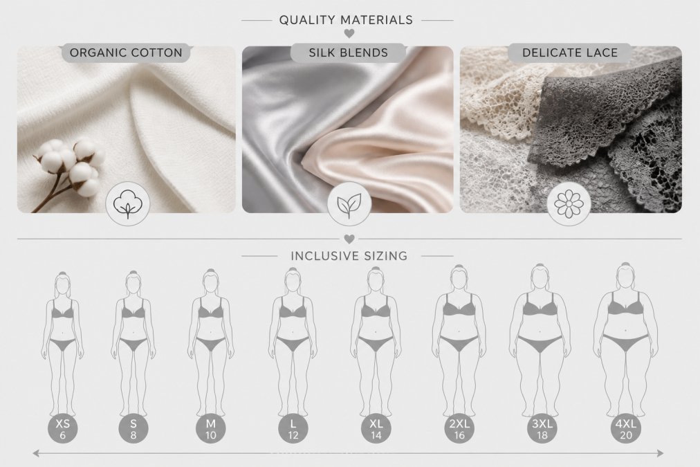 Close-up of premium lingerie fabrics in various colours and textures, organic cotton, silk blends, and delicate laces displayed together showing quality materials and inclusive sizing range