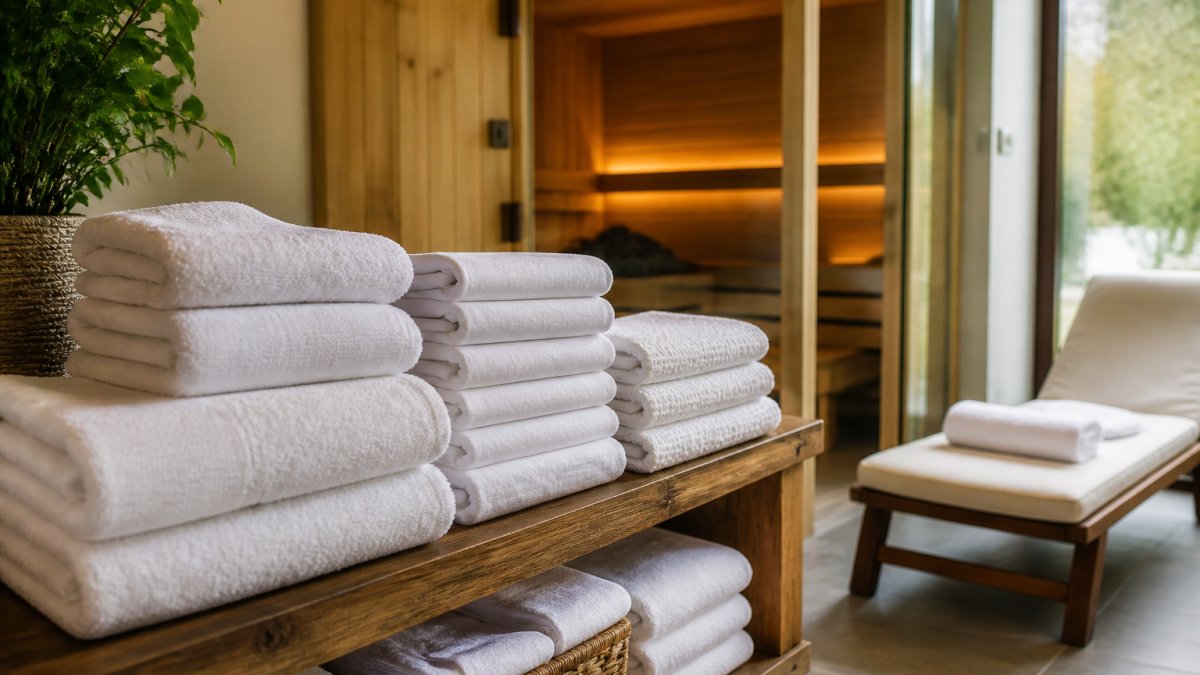 Stapels schone witte handdoeken in een wellnesscentrum voor het linnengoed reinigen.