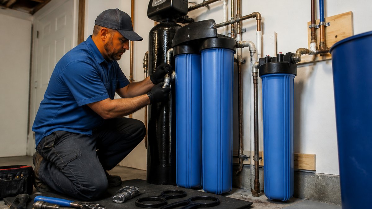 A licensed plumber in a clean uniform installing a whole-home water filtration system in a residential utility room, with tools and pipe fittings visible on a work mat
