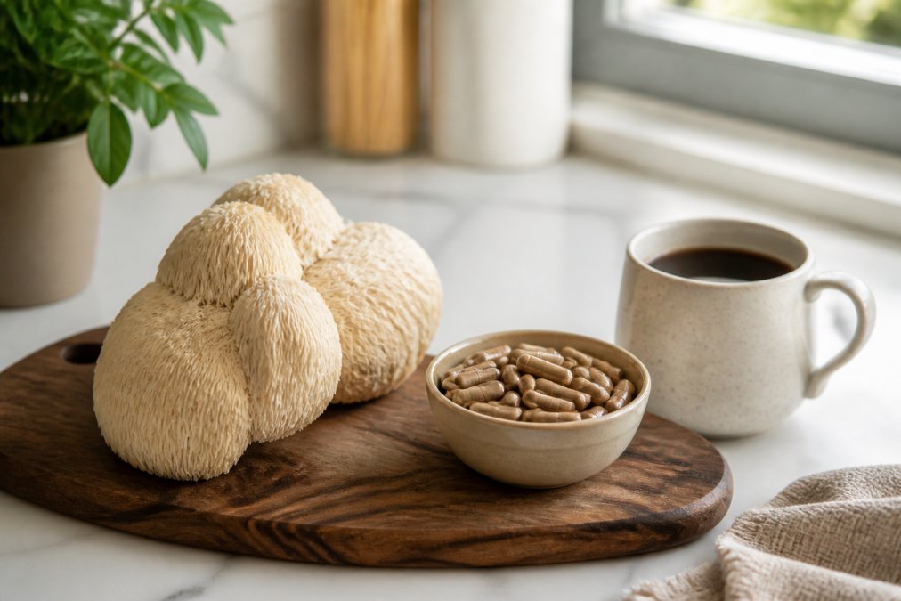 Dried lion's mane mushroom on a wooden board next to capsules and coffee on a bright kitchen counter