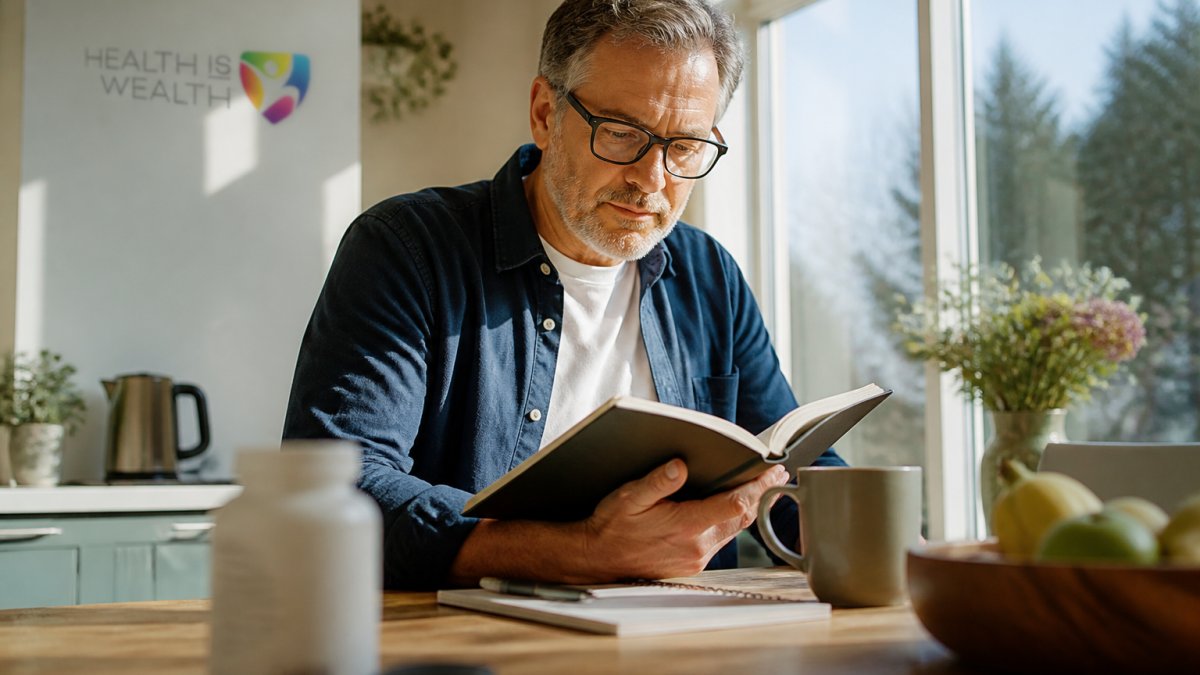 A man in his fifties sitting at a sunlit kitchen table with a notebook and a cup of coffee, looking focused and clear-headed while reading, with a supplement bottle blurred in the foreground