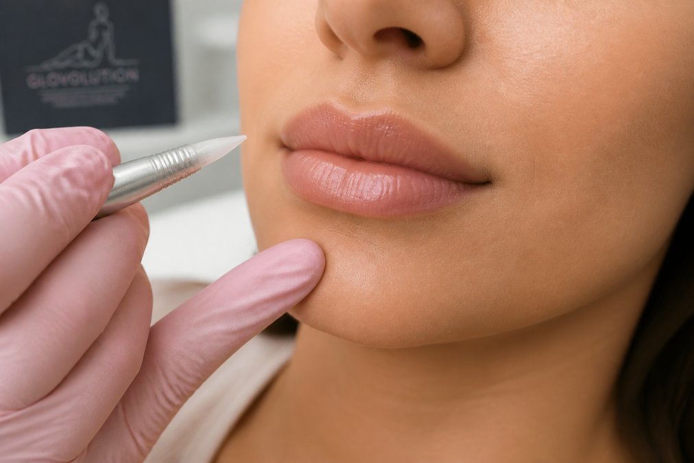 Close-up of a woman's lips showing natural definition and soft color with subtle enhancement, professional lighting highlighting the contours and texture