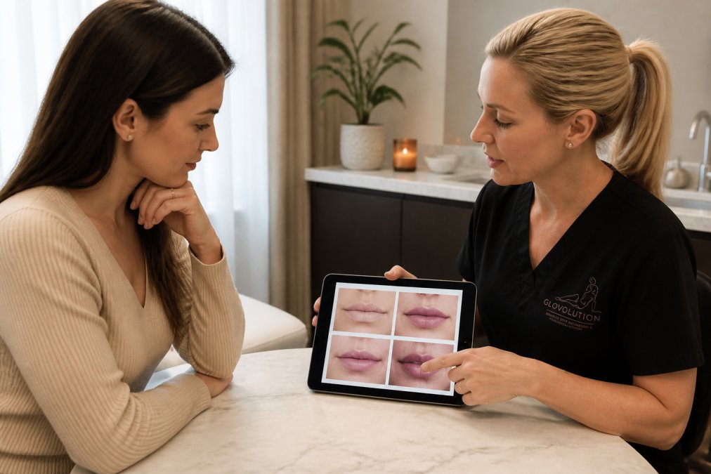 Woman in a clinical consultation setting reviewing before-and-after images of lip treatments on a tablet