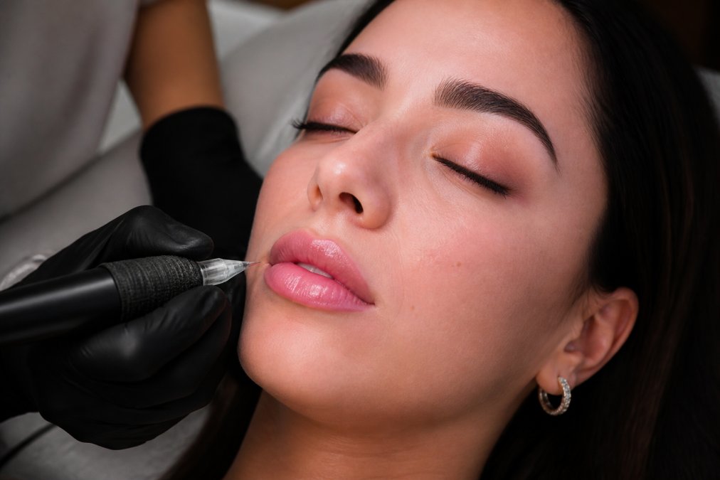 Close-up of a woman's lips with a soft, natural pink tint after a cosmetic tattoo procedure, artist's gloved hand holding a tattoo machine nearby, clean clinical studio lighting