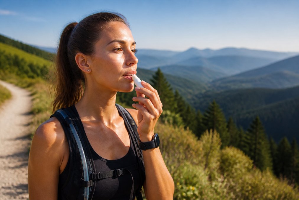 Athletic woman applying lip balm before an outdoor trail run, with morning sunlight and green landscape visible in the background