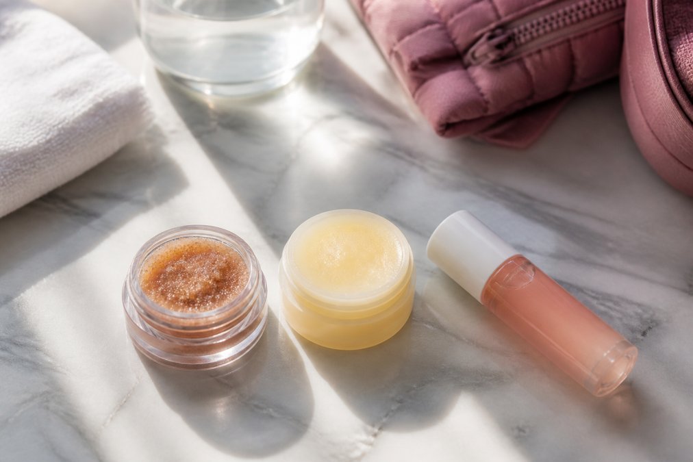 Flat lay of lip care products arranged on a marble surface: lip scrub, hydrating balm, and SPF gloss, with morning sunlight creating soft shadows