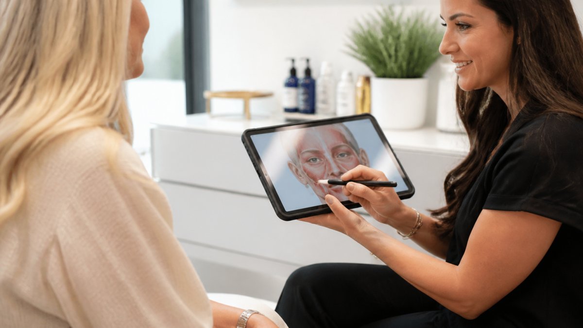 Provider using a tablet to explain the lip flip consultation process to a patient in a modern med spa room