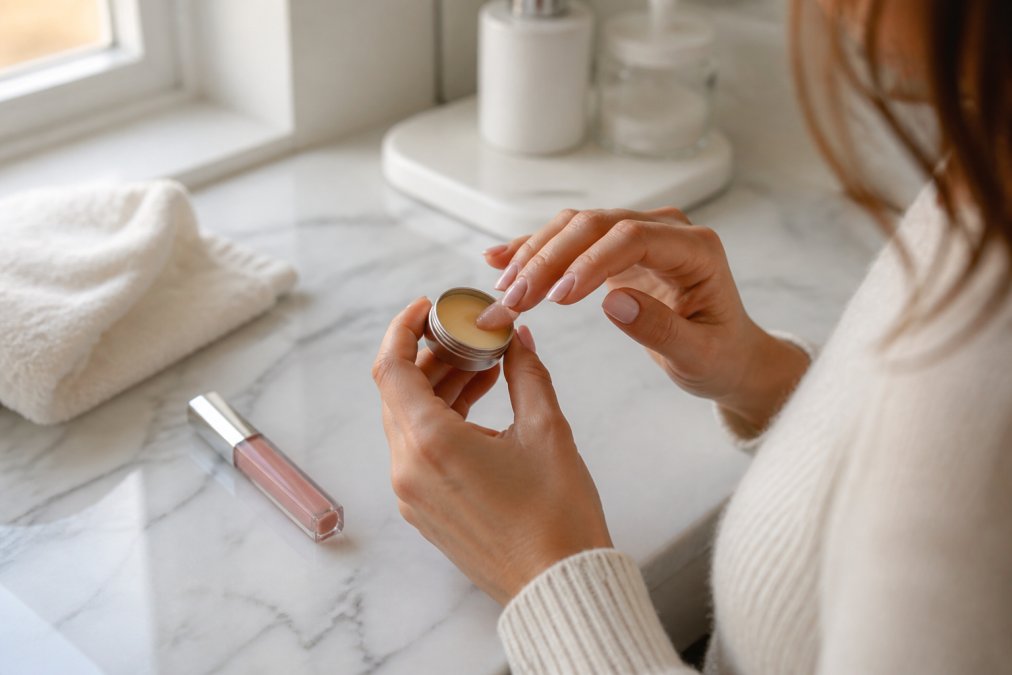 Close-up of a woman's hands applying lip balm from a small tin, with a lip gloss tube resting on a marble bathroom counter beside her, soft natural window light