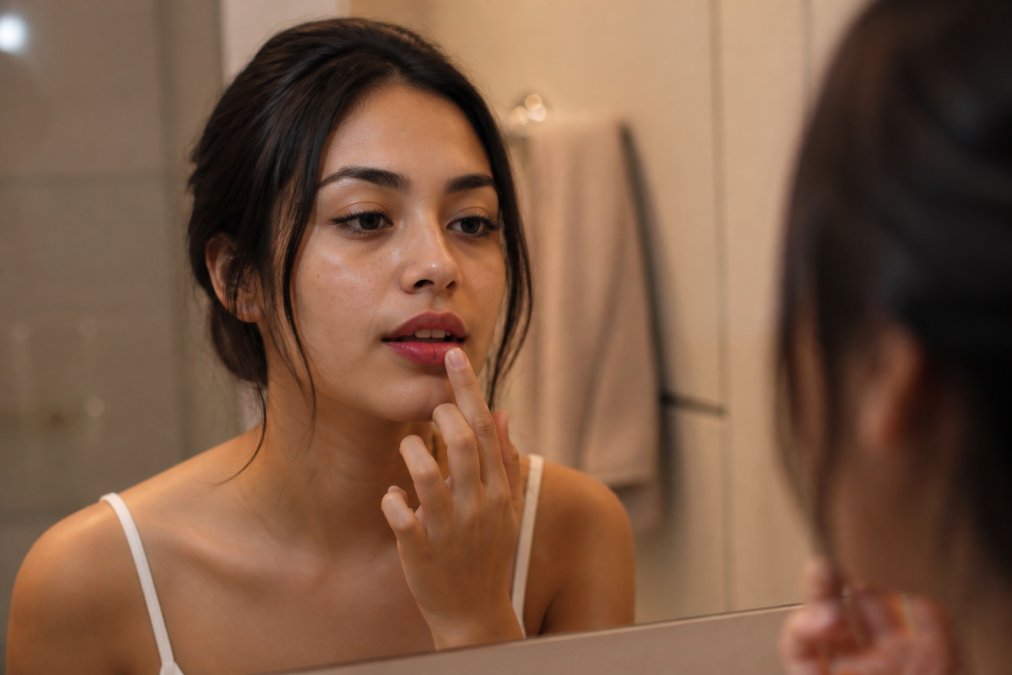 Woman blending a natural lip stain with her fingertip for a soft look, perfect for comparing lip stain vs lip gloss.
