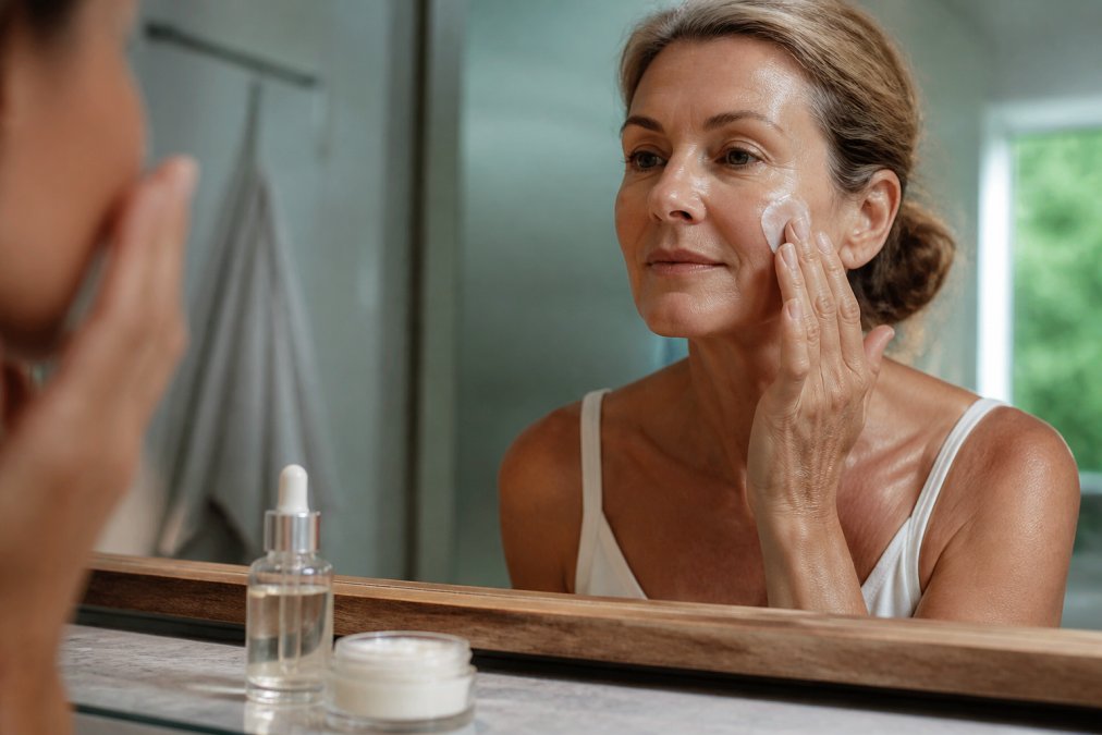 Woman in her fifties applying moisturizing cream to her cheek in a softly lit bathroom setting