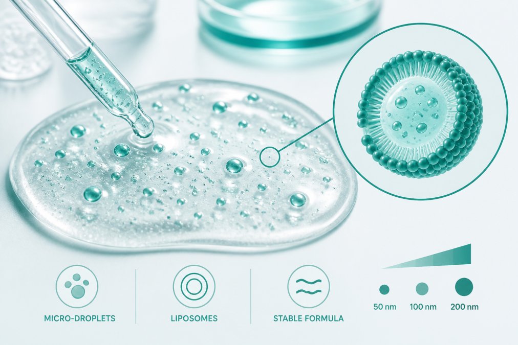 Close-up macro shot of a translucent serum with visible micro-droplets suspended in clear gel, showing the pearlescent quality of a liposomal formulation against clean white laboratory background