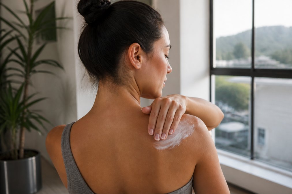 Person applying magnesium-infused cream to shoulder and upper back in natural daylight, demonstrating the smooth texture and absorption of the product on skin