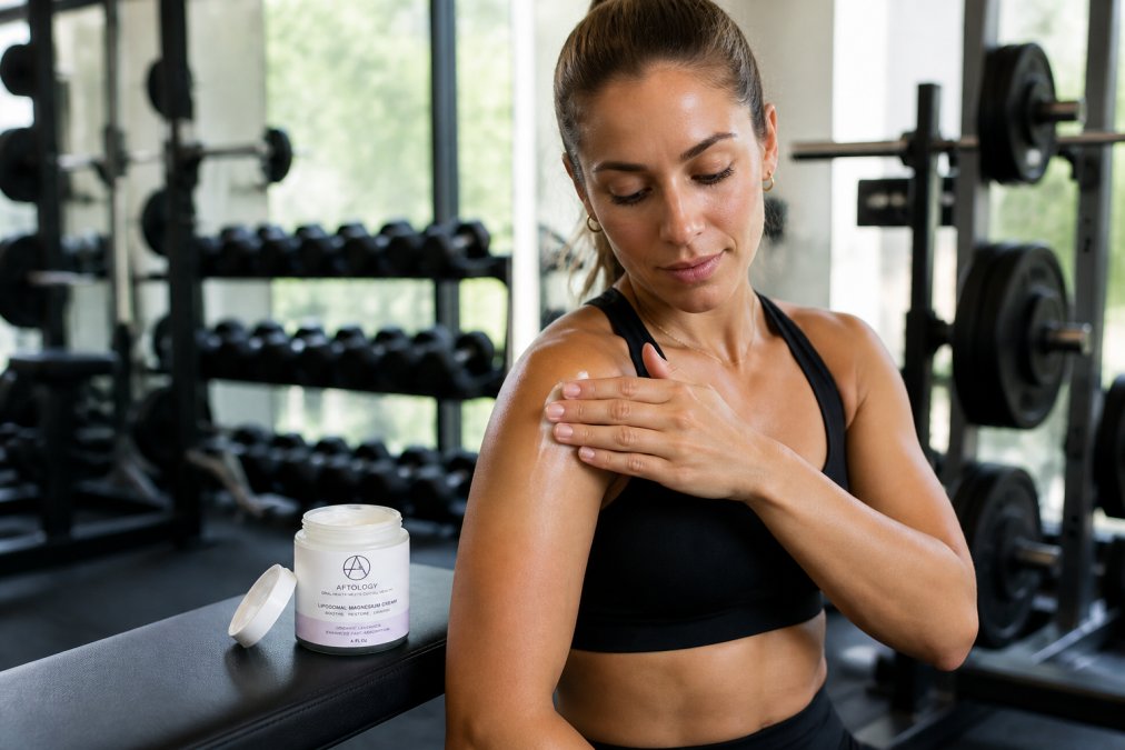 Athlete's hands applying liposomal magnesium cream to shoulder after workout, with gym equipment visible in soft natural lighting