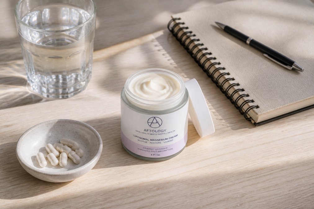 Flat lay of liposomal magnesium cream jar, oral magnesium capsules, water glass, and wellness notebook on light wooden surface with natural window lighting