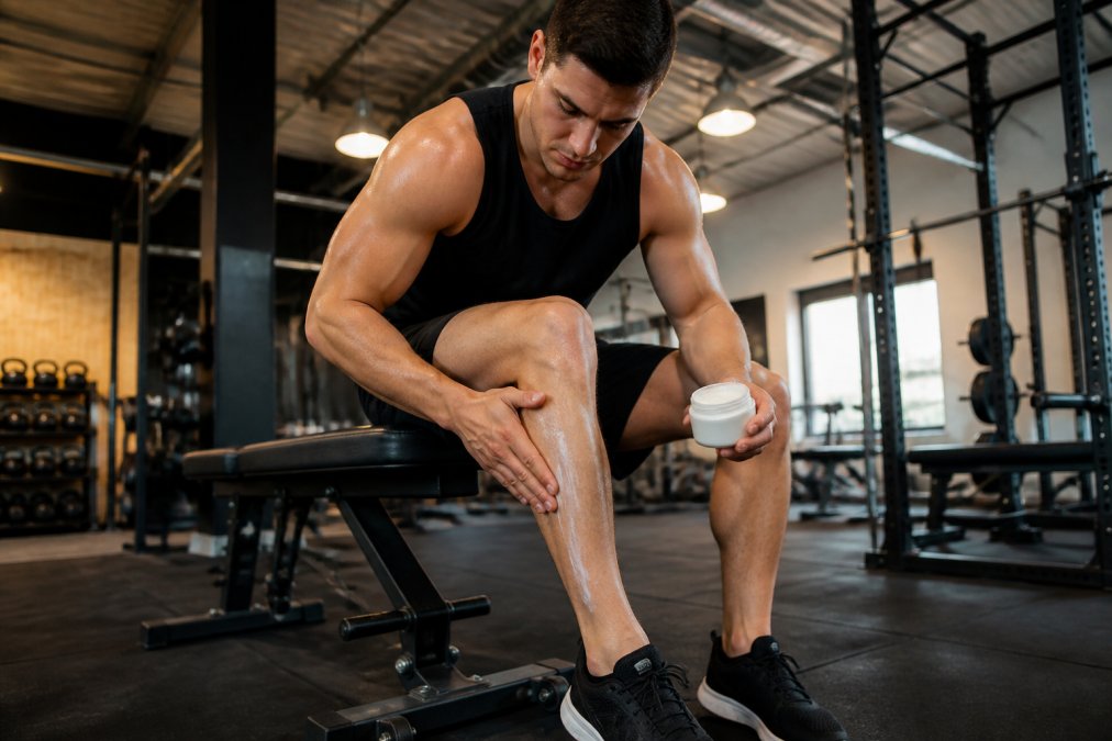 An athlete sitting on a gym bench applying cream to their calf muscle after a workout, gym equipment visible in the background, natural overhead lighting with slight sweat sheen on skin