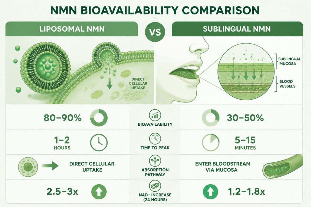 Professional demonstrating liposomal NMN vs sublingual NMN for cellular absorption technique in modern clinical setting with natural lighting