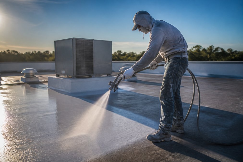 Professional roofing crew spraying liquid applied membrane coating onto commercial flat roof surface with industrial spray equipment, afternoon sunlight reflecting off the wet coating