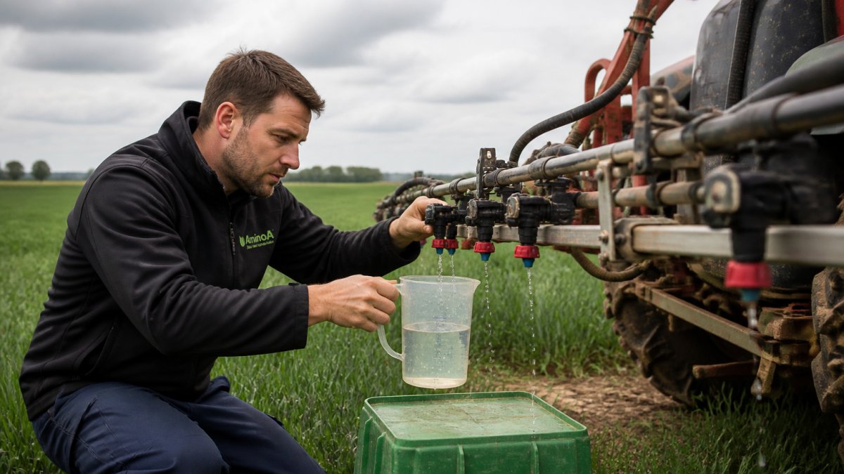 A farmer in a field inspecting a tractor-mounted sprayer, checking nozzle output with a measuring jug, with wheat crops in the background under overcast skies