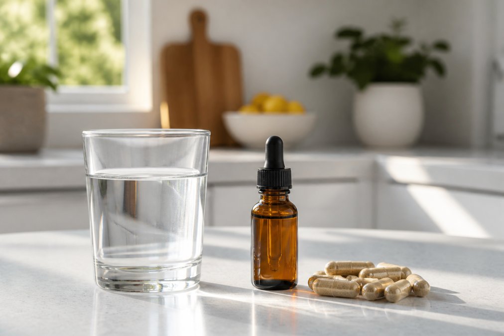 Dropper bottle of liquid minerals beside a pile of capsules on a sunny kitchen counter