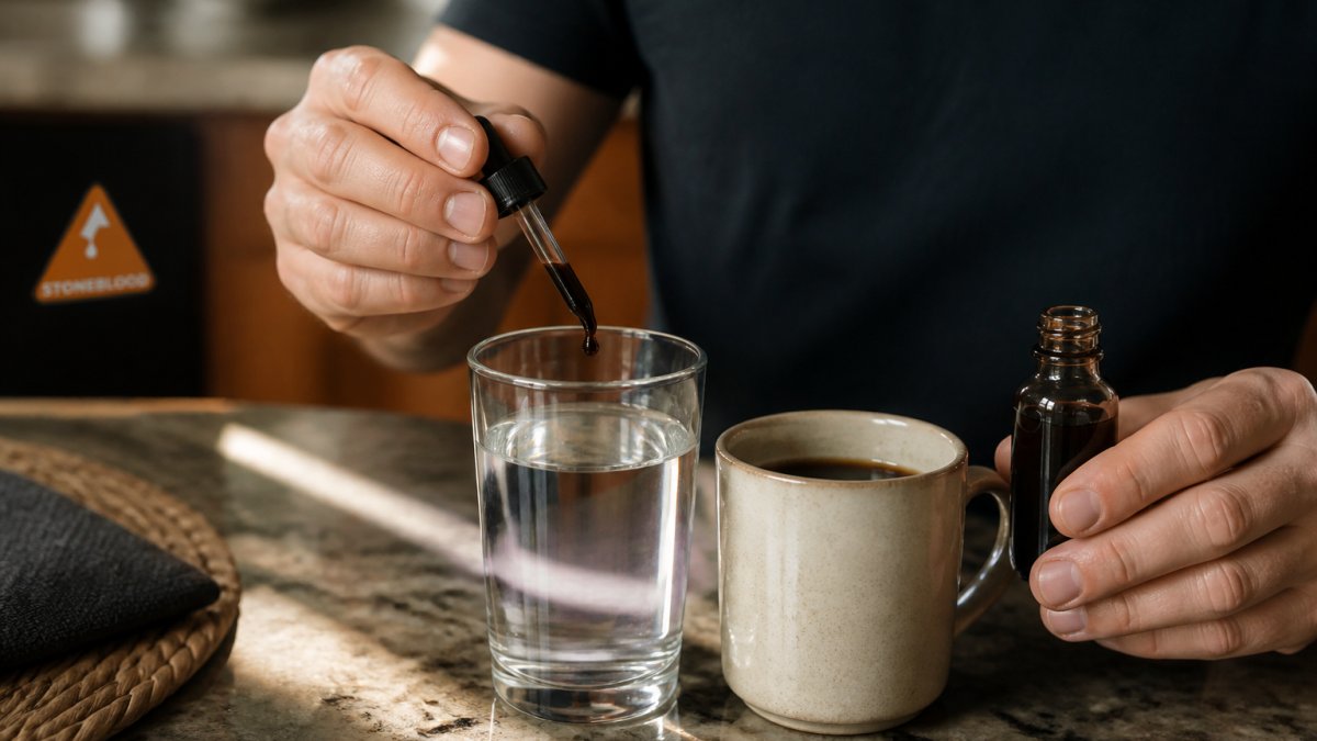 Hands squeezing dark liquid resin drops into a glass of water on a bright kitchen counter
