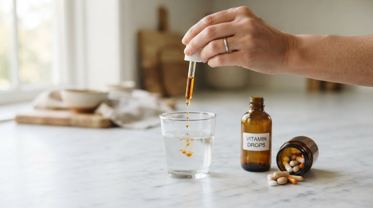 Close-up of a hand holding a dropper with liquid vitamin drops above a glass of water, with a bottle of pills and capsules visible on a clean white surface