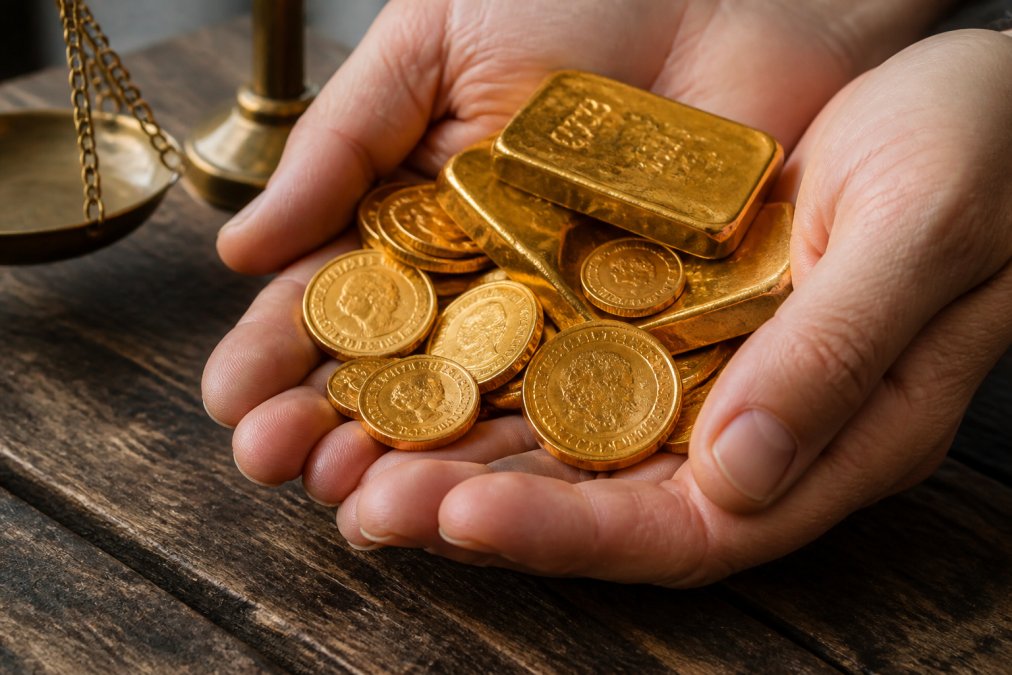 Close-up of hands holding a collection of gold coins and bullion pieces on a wooden surface, with natural light highlighting the shine and detail of the coins