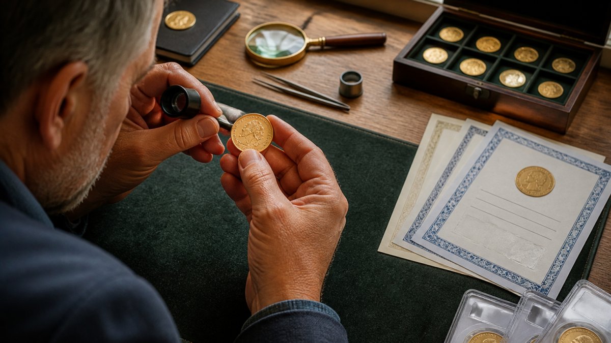 Collector examining a historical gold coin with a loupe near grading certificates on a wooden desk