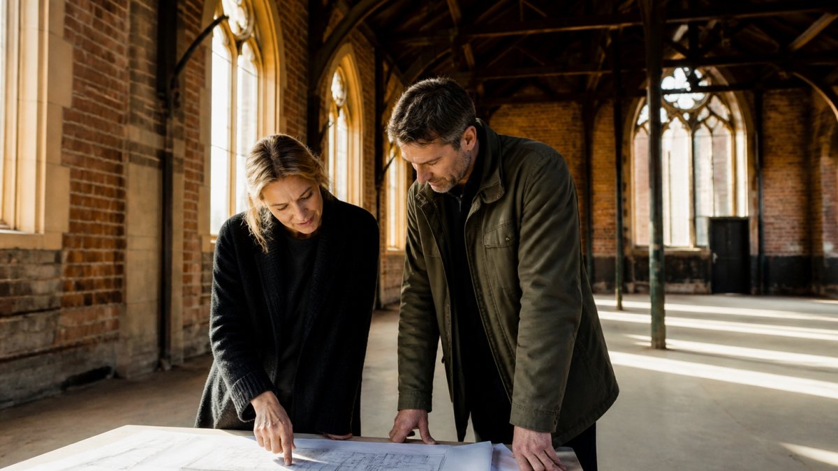 A conservation officer and a project manager reviewing architectural drawings on site inside a historic commercial building, exposed brickwork and original timber beams in the background, soft daylight through tall windows