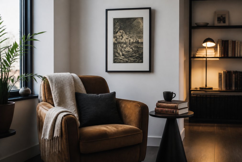 A cozy reading nook in a modern apartment with a framed literary art print on the wall, a comfortable armchair, and a stack of classic books on a side table