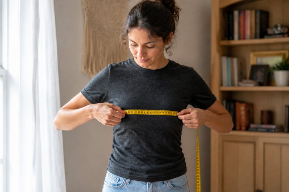 Woman wearing a fitted literary graphic tee while measuring her chest with a soft tape measure, standing in natural light with relaxed posture
