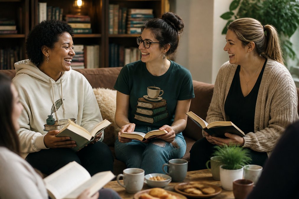 A group of friends at a book club meeting, one wearing a literary-inspired hoodie, another in a graphic tee, all holding books and smiling in a cozy living room setting